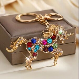 Gold Unicorn Keychain with Multicolor Gems